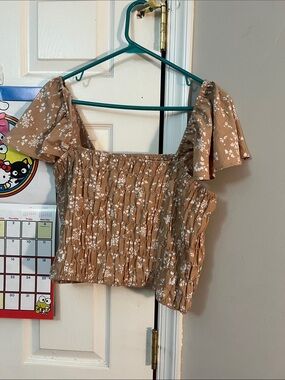 Lane Bryant Beige Smocked Floral Off-Shoulder Crop Top